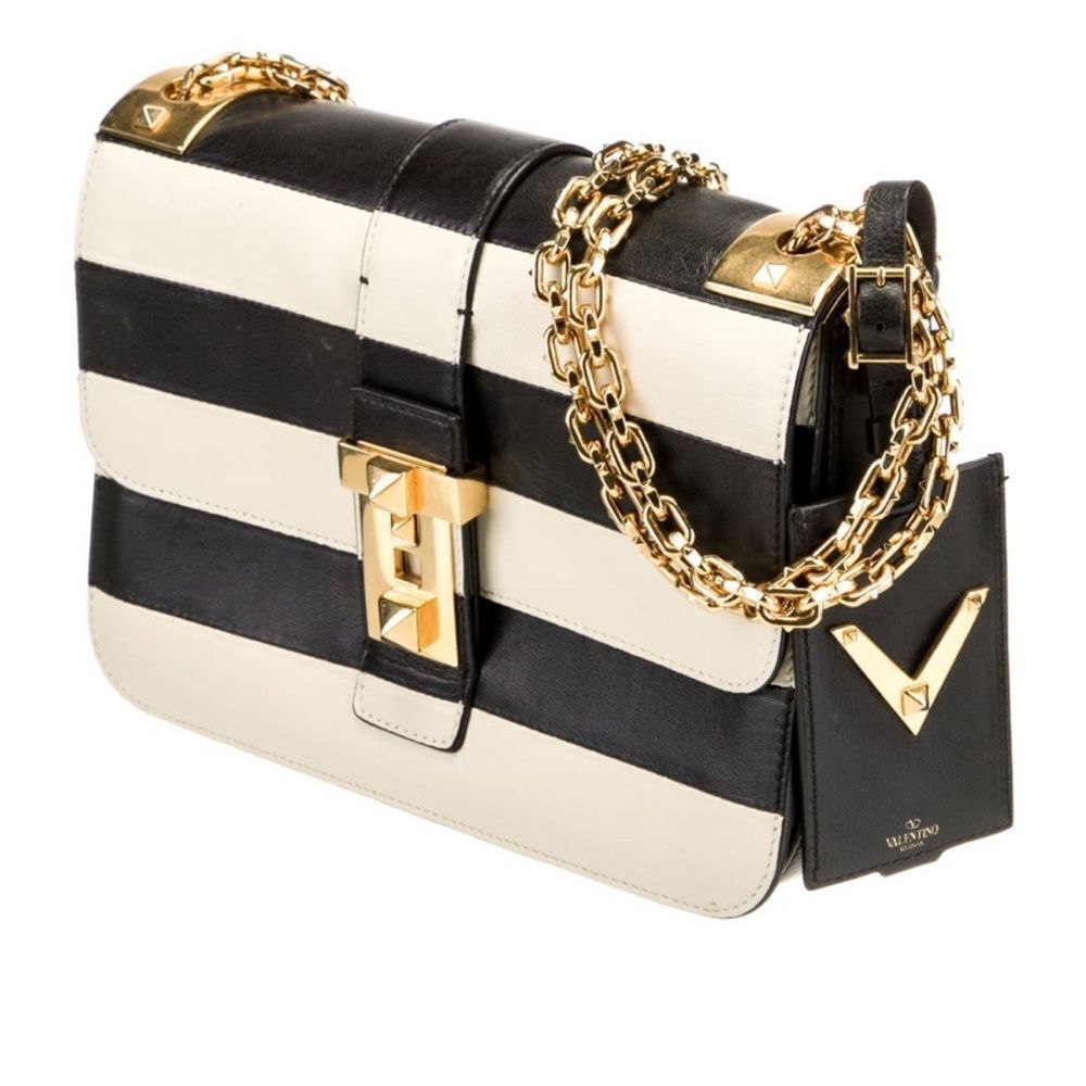 Valentino Garavani Napa Striped B-Rockstud Shoulder Bag with Gold Chain Strap